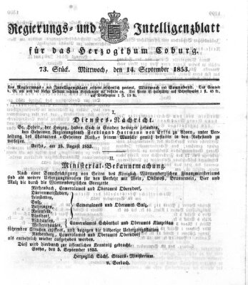 Regierungs- und Intelligenzblatt für das Herzogtum Coburg (Coburger Regierungs-Blatt) Mittwoch 14. September 1853