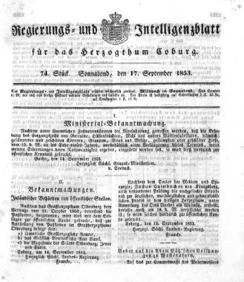 Regierungs- und Intelligenzblatt für das Herzogtum Coburg (Coburger Regierungs-Blatt) Samstag 17. September 1853