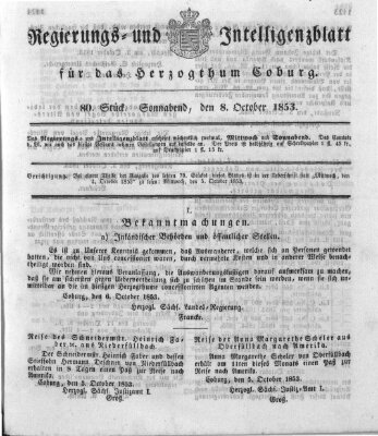 Regierungs- und Intelligenzblatt für das Herzogtum Coburg (Coburger Regierungs-Blatt) Samstag 8. Oktober 1853