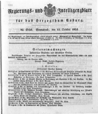 Regierungs- und Intelligenzblatt für das Herzogtum Coburg (Coburger Regierungs-Blatt) Samstag 15. Oktober 1853