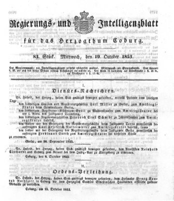 Regierungs- und Intelligenzblatt für das Herzogtum Coburg (Coburger Regierungs-Blatt) Mittwoch 19. Oktober 1853