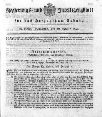 Regierungs- und Intelligenzblatt für das Herzogtum Coburg (Coburger Regierungs-Blatt) Samstag 29. Oktober 1853