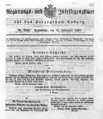 Regierungs- und Intelligenzblatt für das Herzogtum Coburg (Coburger Regierungs-Blatt) Samstag 12. November 1853