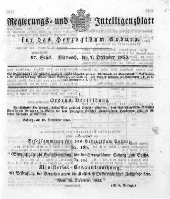 Regierungs- und Intelligenzblatt für das Herzogtum Coburg (Coburger Regierungs-Blatt) Mittwoch 7. Dezember 1853