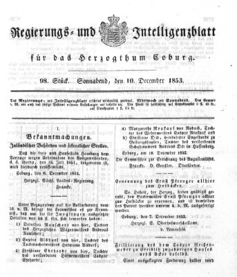 Regierungs- und Intelligenzblatt für das Herzogtum Coburg (Coburger Regierungs-Blatt) Samstag 10. Dezember 1853