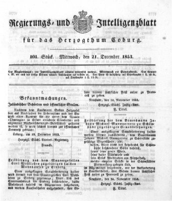 Regierungs- und Intelligenzblatt für das Herzogtum Coburg (Coburger Regierungs-Blatt) Mittwoch 21. Dezember 1853