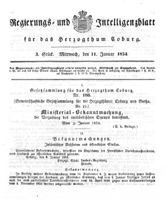 Regierungs- und Intelligenzblatt für das Herzogtum Coburg (Coburger Regierungs-Blatt) Mittwoch 11. Januar 1854