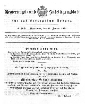 Regierungs- und Intelligenzblatt für das Herzogtum Coburg (Coburger Regierungs-Blatt) Samstag 14. Januar 1854