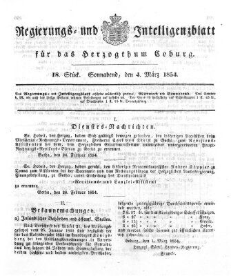 Regierungs- und Intelligenzblatt für das Herzogtum Coburg (Coburger Regierungs-Blatt) Samstag 4. März 1854