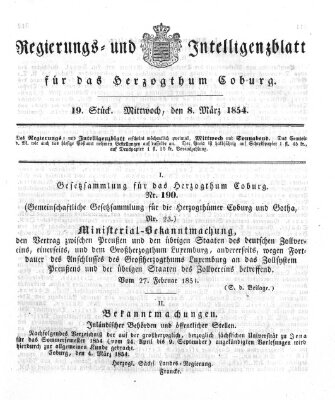 Regierungs- und Intelligenzblatt für das Herzogtum Coburg (Coburger Regierungs-Blatt) Mittwoch 8. März 1854