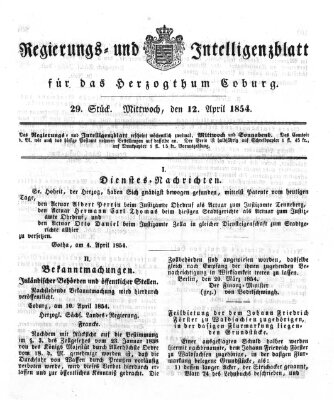 Regierungs- und Intelligenzblatt für das Herzogtum Coburg (Coburger Regierungs-Blatt) Mittwoch 12. April 1854