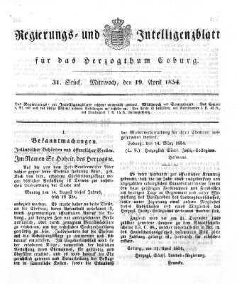 Regierungs- und Intelligenzblatt für das Herzogtum Coburg (Coburger Regierungs-Blatt) Mittwoch 19. April 1854