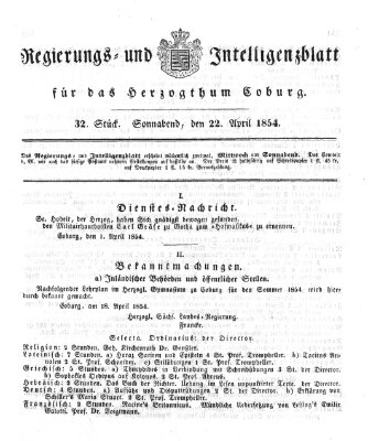 Regierungs- und Intelligenzblatt für das Herzogtum Coburg (Coburger Regierungs-Blatt) Samstag 22. April 1854