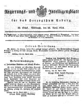 Regierungs- und Intelligenzblatt für das Herzogtum Coburg (Coburger Regierungs-Blatt) Mittwoch 26. April 1854