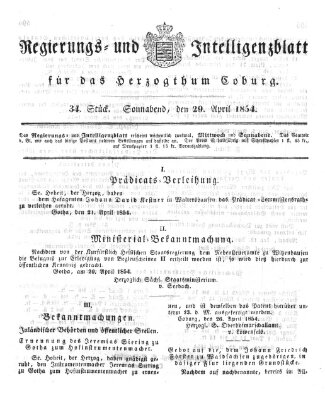Regierungs- und Intelligenzblatt für das Herzogtum Coburg (Coburger Regierungs-Blatt) Samstag 29. April 1854
