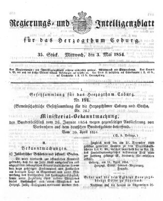 Regierungs- und Intelligenzblatt für das Herzogtum Coburg (Coburger Regierungs-Blatt) Mittwoch 3. Mai 1854