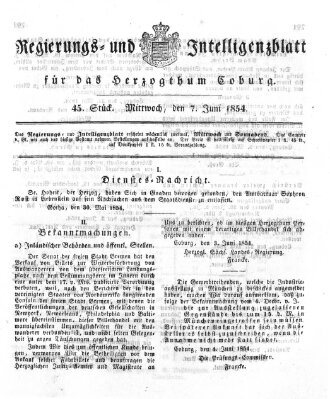 Regierungs- und Intelligenzblatt für das Herzogtum Coburg (Coburger Regierungs-Blatt) Mittwoch 7. Juni 1854