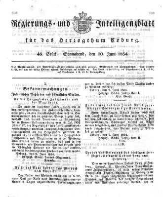 Regierungs- und Intelligenzblatt für das Herzogtum Coburg (Coburger Regierungs-Blatt) Samstag 10. Juni 1854