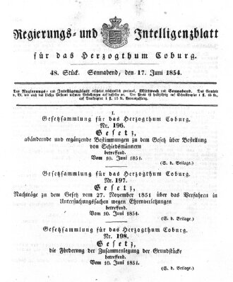 Regierungs- und Intelligenzblatt für das Herzogtum Coburg (Coburger Regierungs-Blatt) Samstag 17. Juni 1854