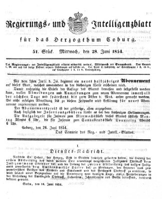 Regierungs- und Intelligenzblatt für das Herzogtum Coburg (Coburger Regierungs-Blatt) Mittwoch 28. Juni 1854