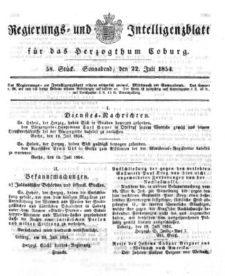 Regierungs- und Intelligenzblatt für das Herzogtum Coburg (Coburger Regierungs-Blatt) Samstag 22. Juli 1854