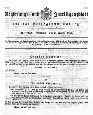 Regierungs- und Intelligenzblatt für das Herzogtum Coburg (Coburger Regierungs-Blatt) Mittwoch 2. August 1854