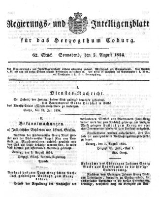 Regierungs- und Intelligenzblatt für das Herzogtum Coburg (Coburger Regierungs-Blatt) Samstag 5. August 1854