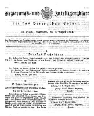 Regierungs- und Intelligenzblatt für das Herzogtum Coburg (Coburger Regierungs-Blatt) Mittwoch 9. August 1854