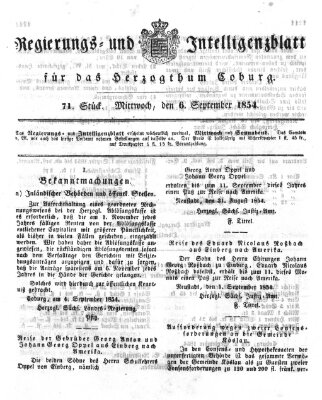 Regierungs- und Intelligenzblatt für das Herzogtum Coburg (Coburger Regierungs-Blatt) Mittwoch 6. September 1854