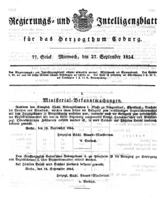 Regierungs- und Intelligenzblatt für das Herzogtum Coburg (Coburger Regierungs-Blatt) Mittwoch 27. September 1854