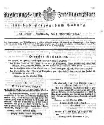 Regierungs- und Intelligenzblatt für das Herzogtum Coburg (Coburger Regierungs-Blatt) Mittwoch 1. November 1854