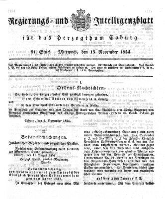 Regierungs- und Intelligenzblatt für das Herzogtum Coburg (Coburger Regierungs-Blatt) Mittwoch 15. November 1854