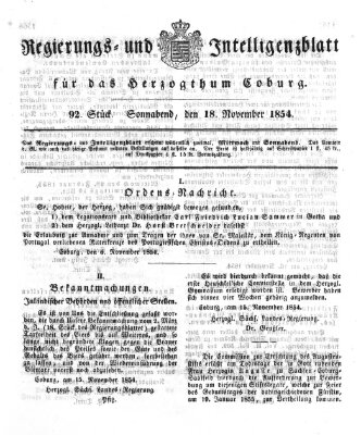 Regierungs- und Intelligenzblatt für das Herzogtum Coburg (Coburger Regierungs-Blatt) Samstag 18. November 1854