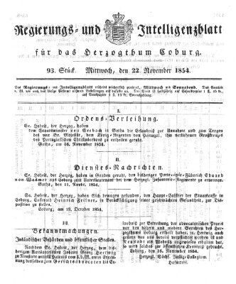 Regierungs- und Intelligenzblatt für das Herzogtum Coburg (Coburger Regierungs-Blatt) Mittwoch 22. November 1854