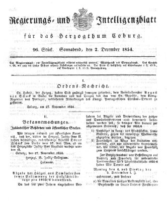 Regierungs- und Intelligenzblatt für das Herzogtum Coburg (Coburger Regierungs-Blatt) Samstag 2. Dezember 1854