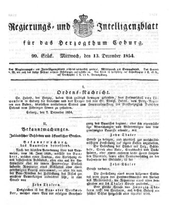 Regierungs- und Intelligenzblatt für das Herzogtum Coburg (Coburger Regierungs-Blatt) Mittwoch 13. Dezember 1854