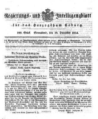 Regierungs- und Intelligenzblatt für das Herzogtum Coburg (Coburger Regierungs-Blatt) Samstag 16. Dezember 1854