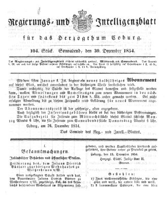 Regierungs- und Intelligenzblatt für das Herzogtum Coburg (Coburger Regierungs-Blatt) Samstag 30. Dezember 1854