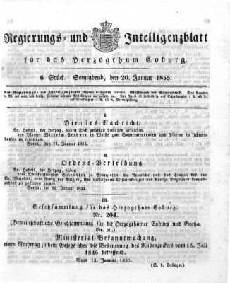 Regierungs- und Intelligenzblatt für das Herzogtum Coburg (Coburger Regierungs-Blatt) Samstag 20. Januar 1855