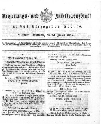 Regierungs- und Intelligenzblatt für das Herzogtum Coburg (Coburger Regierungs-Blatt) Mittwoch 24. Januar 1855