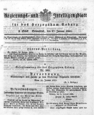 Regierungs- und Intelligenzblatt für das Herzogtum Coburg (Coburger Regierungs-Blatt) Samstag 27. Januar 1855