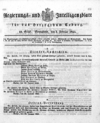 Regierungs- und Intelligenzblatt für das Herzogtum Coburg (Coburger Regierungs-Blatt) Samstag 3. Februar 1855