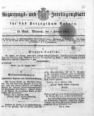 Regierungs- und Intelligenzblatt für das Herzogtum Coburg (Coburger Regierungs-Blatt) Mittwoch 7. Februar 1855