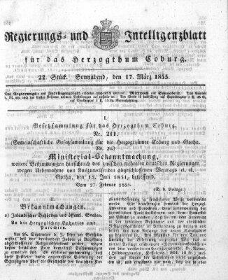 Regierungs- und Intelligenzblatt für das Herzogtum Coburg (Coburger Regierungs-Blatt) Samstag 17. März 1855