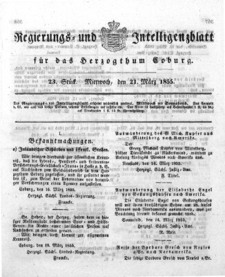 Regierungs- und Intelligenzblatt für das Herzogtum Coburg (Coburger Regierungs-Blatt) Mittwoch 21. März 1855