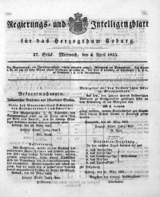 Regierungs- und Intelligenzblatt für das Herzogtum Coburg (Coburger Regierungs-Blatt) Mittwoch 4. April 1855