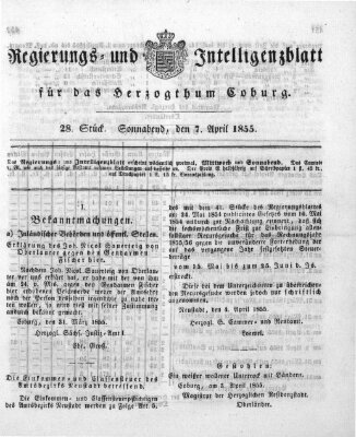 Regierungs- und Intelligenzblatt für das Herzogtum Coburg (Coburger Regierungs-Blatt) Samstag 7. April 1855