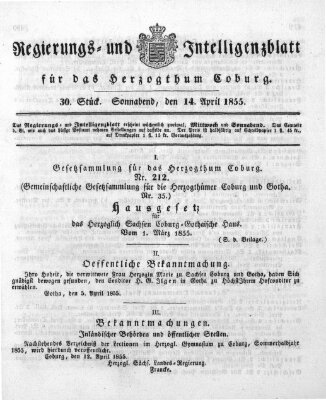 Regierungs- und Intelligenzblatt für das Herzogtum Coburg (Coburger Regierungs-Blatt) Samstag 14. April 1855