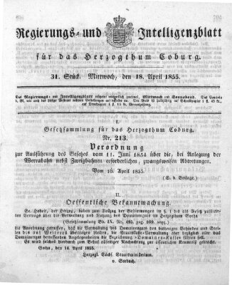 Regierungs- und Intelligenzblatt für das Herzogtum Coburg (Coburger Regierungs-Blatt) Mittwoch 18. April 1855