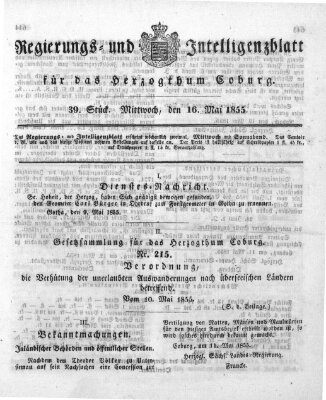 Regierungs- und Intelligenzblatt für das Herzogtum Coburg (Coburger Regierungs-Blatt) Mittwoch 16. Mai 1855